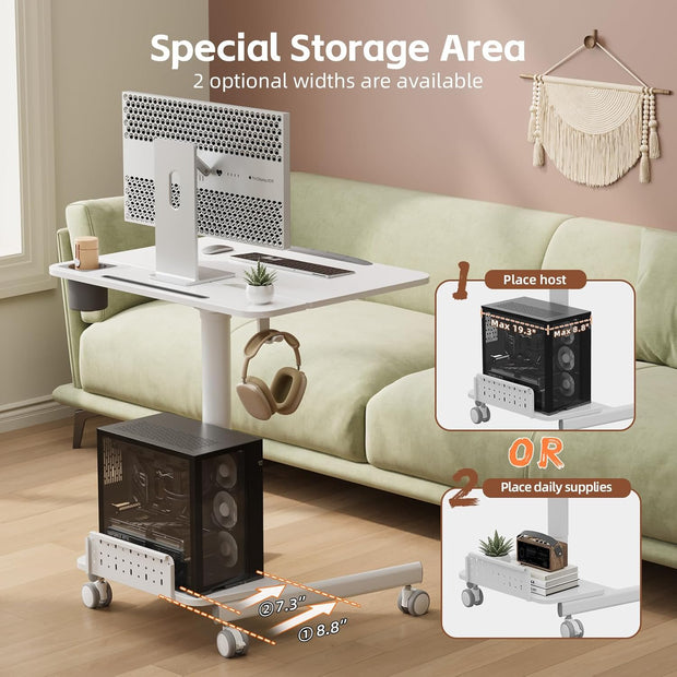 Mobile Standing Desk with Storage Base, 60° Tiltable Rolling Laptop Desk, Height Adjustable Portable Table with 4 Lockable Wheels for Home Office, White