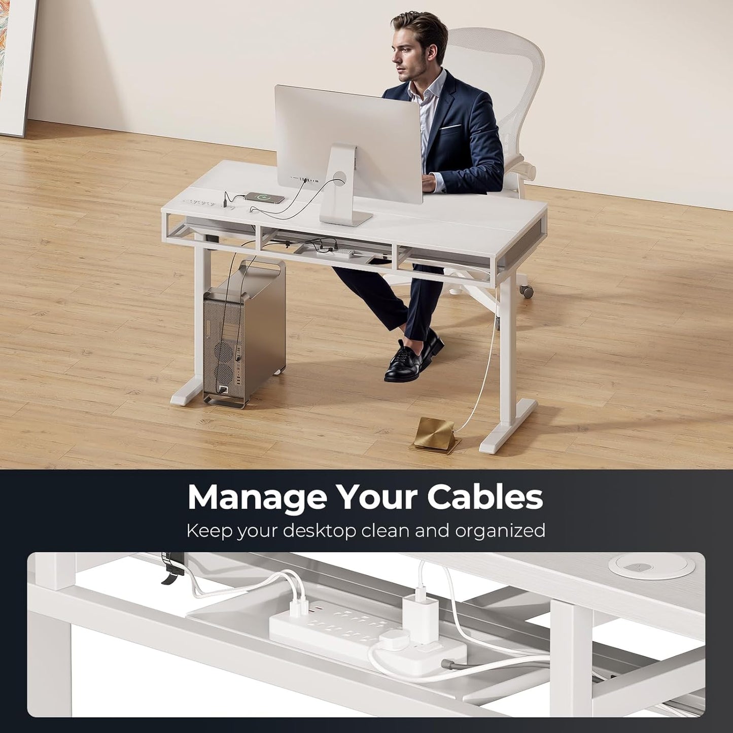 AODK Electric Standing Desk with Drawers & Keyboard Tray, 55 Inch Height Adjustable Desk with Power Outlets, Sit Stand Table, Writing Computer Desk for Home, Office, Workstation, White