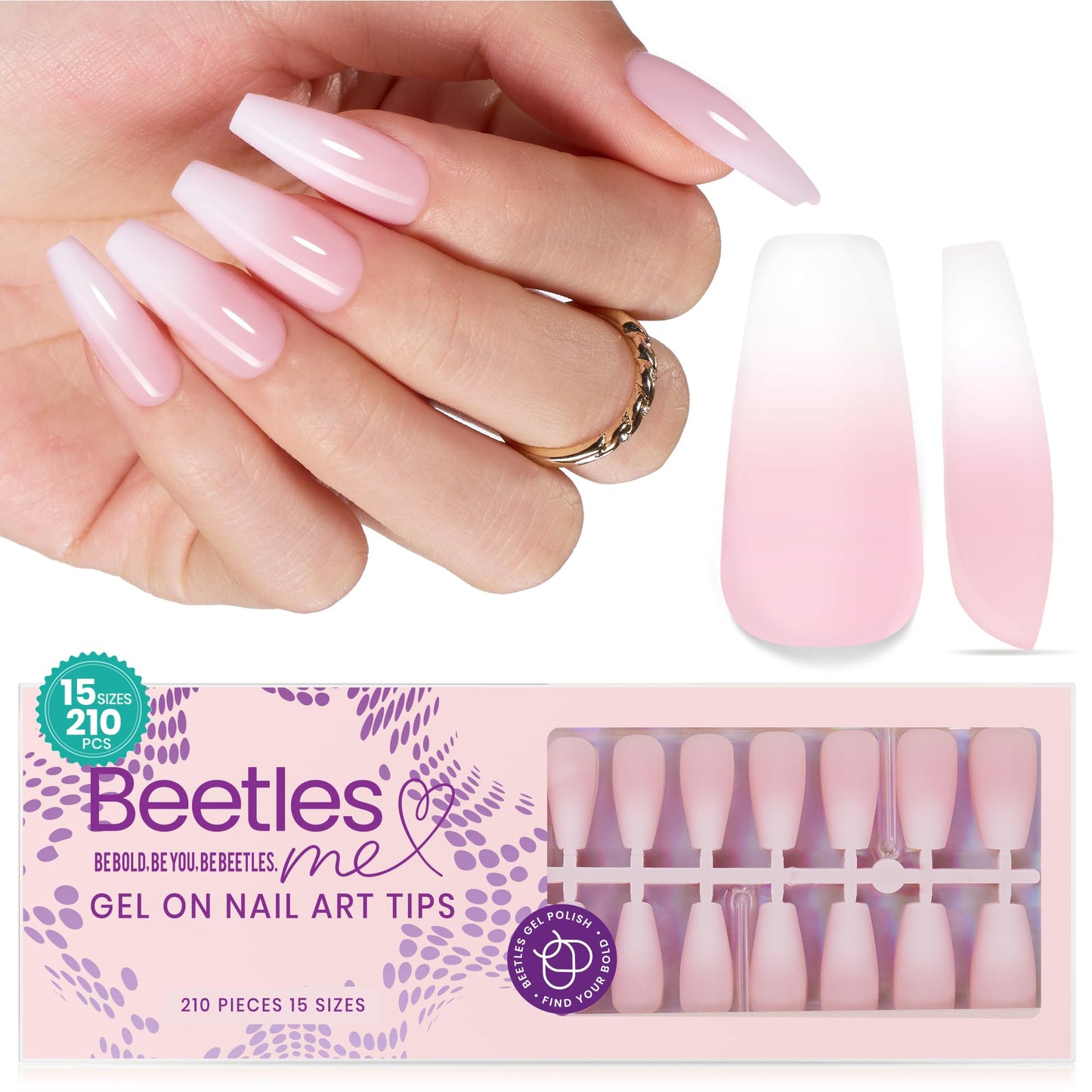 Beetles Ombre Press on Nails: 224 PCS Short Almond Gel Nail Tips, Pink Press ons Pre-applied Primer & Base Coat Glue on Nail Tips, No Need to File Fake Nails DIY Nails Gifts for Women
