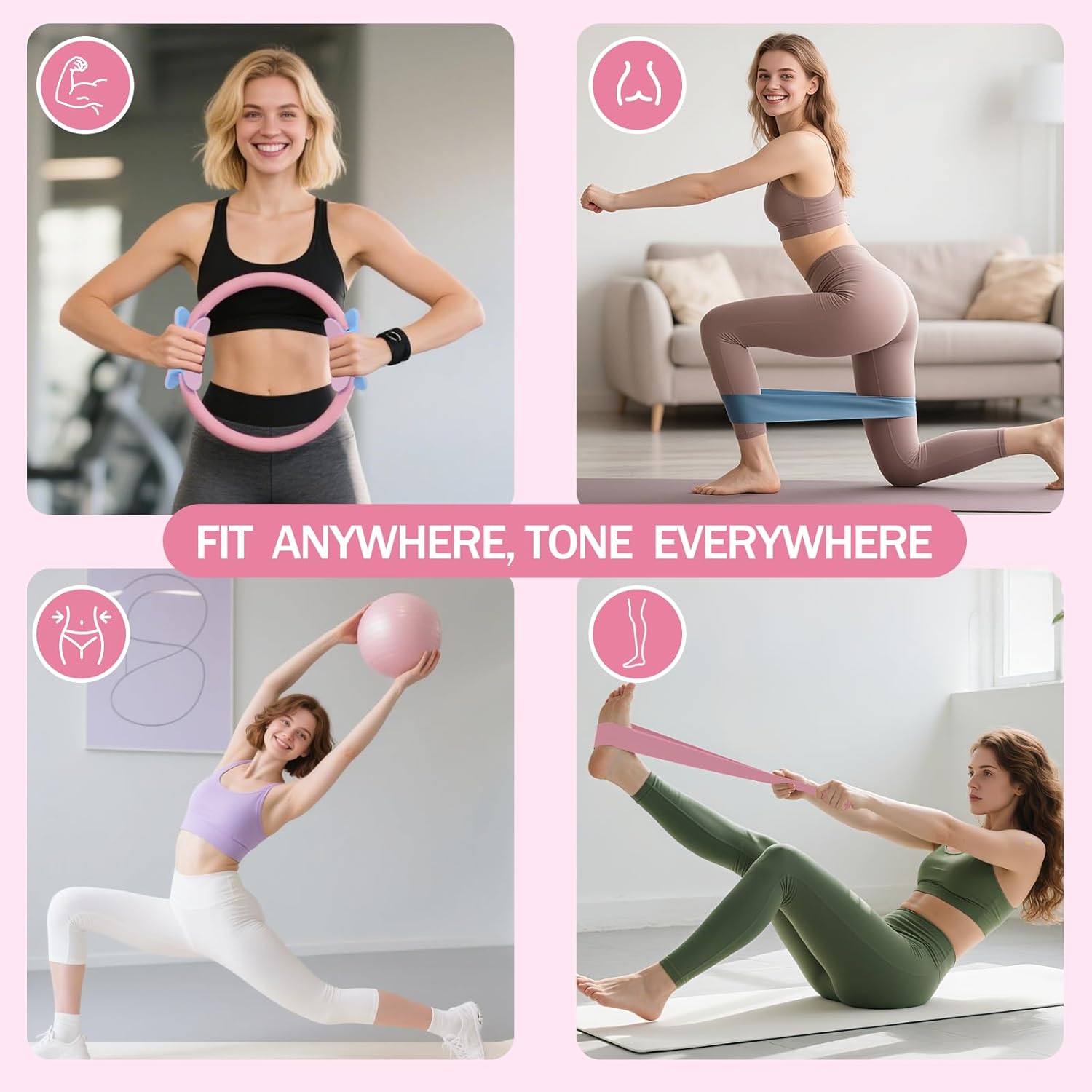 Home Pilates Essentials Kit for Women Pink Ring and Ball Pilates Set Equipment, Magic Circle with 5 Resistance Bands Premium Accessories Kits for Starter Toning Workouts at Home