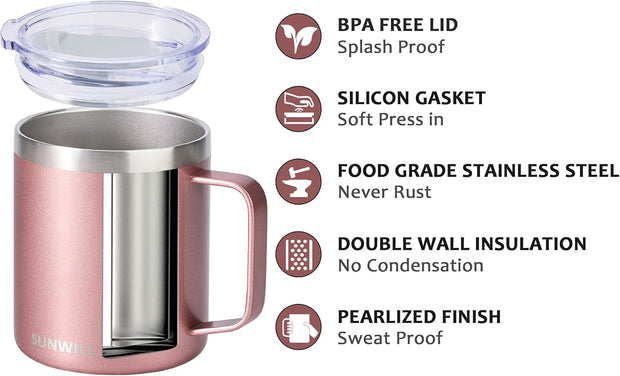 SUNWILL Travel Coffee Mug with Lid, Insulated Tumbler with Handle, 14 oz Stainless Steel Cup for Ice, Water, Tea, Rose Gold