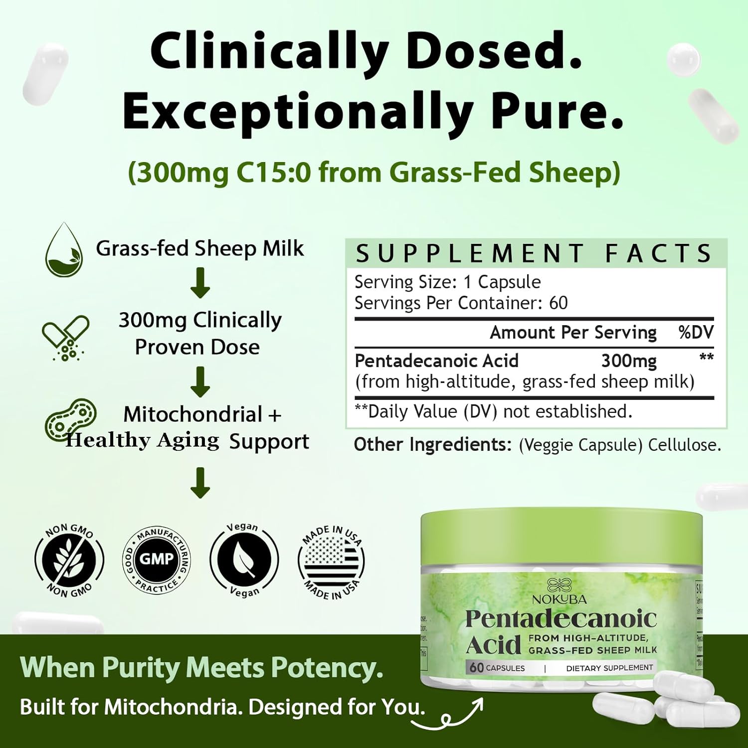 C15:0 Pentadecanoic Acid Supplement | Omega 3, Coq10, Urolithin a Alternative | 300mg High-Altitude Sheep Milk Sourced | 120 Capsules