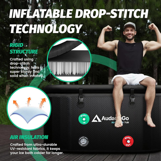 XXL Ice Bath Tub for Athletes, Compatible with Water Chillers, 216-Gallon Inflatable Cold Plunge Tub with Insulated Lid, Thermometer, Water-Absorbent Mat, Portable for Outdoor & Indoor Recovery