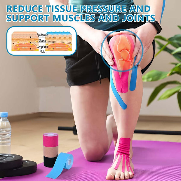 OBTANIM 4 Rolls Waterproof Breathable Kinesiology Tape, Athletic Elastic Kneepad Muscle Pain Relief Knee Taping for Gym Fitness Running Tennis Swimming Football (Black, Skin, Pink, Light Blue)