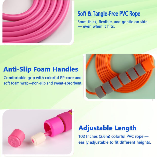 Jump Rope for Kids - Adjustable Soft Skipping Rope with Skin-Friendly Foam Handles for Kids, Boys, Girls, Children - Outdoor Fun Activity, Great Party Favor, Exercise Activity & Fitness