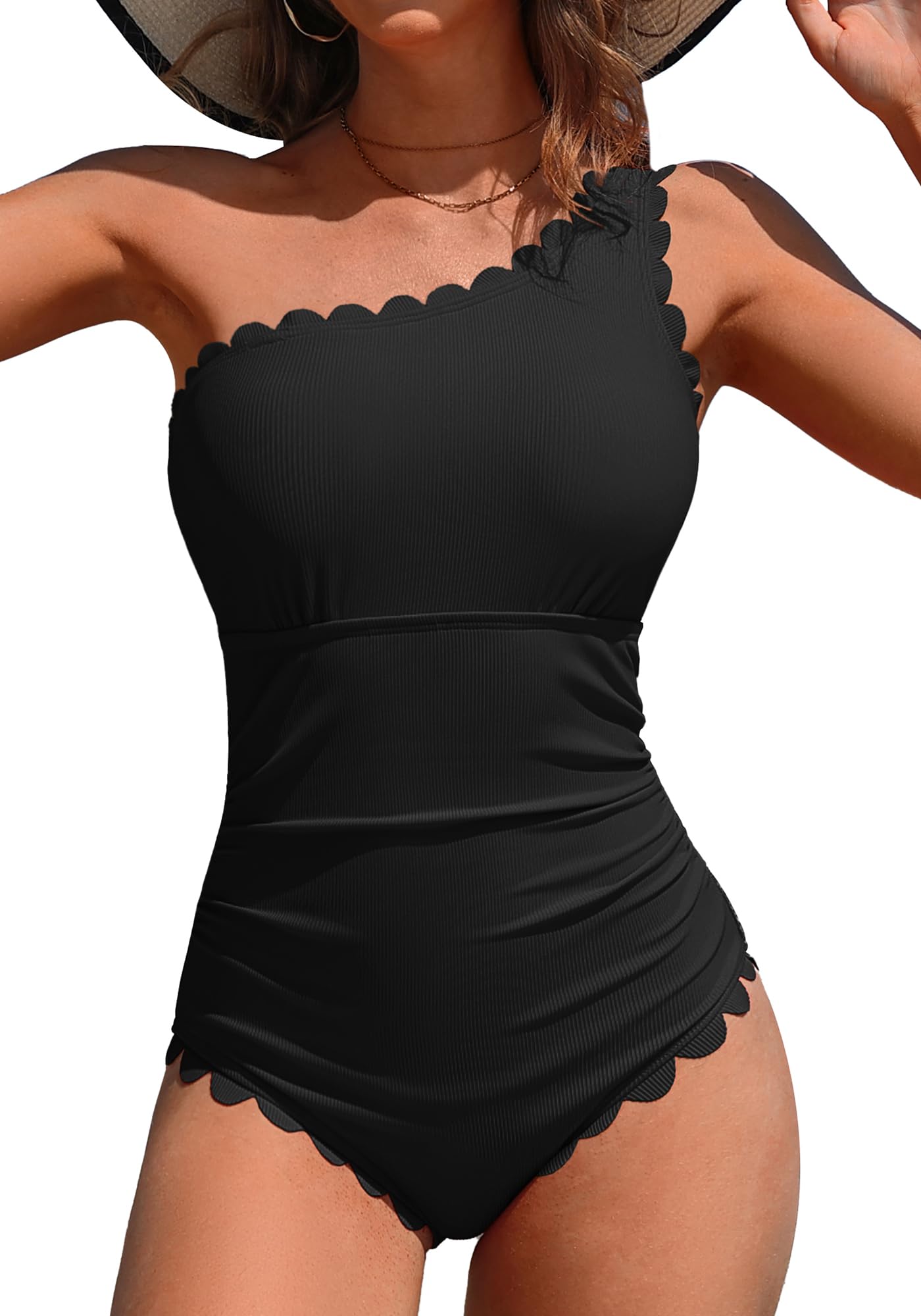 Charmo One Shoulder One Piece Swimsuit Women Ribbed Scalloped Bathing Suit Cutout 1 Piece Slimming Full Coverage Swim Suit
