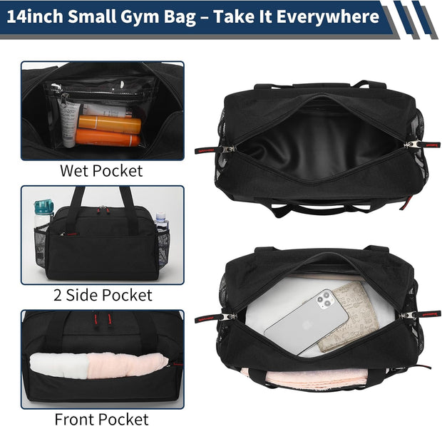 Small Gym Bag with Wet Pocket - 14 inch Mini Duffle Bag for Men & Women Lightweight Carry On Bag for Travel Sport - Black