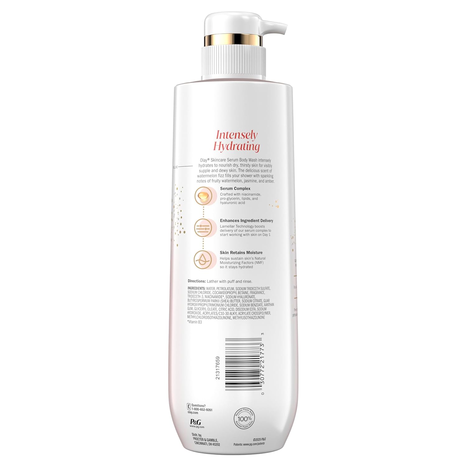 Olay Body Wash for Women, Intensely Hydrating, Pro-Hyaluronic Acid Serum Complex, Renews Moisture, Vitamin B3 Lameller Technology, For All Skin Types, Watermelon Summer Fizz Scent, 20 fl oz
