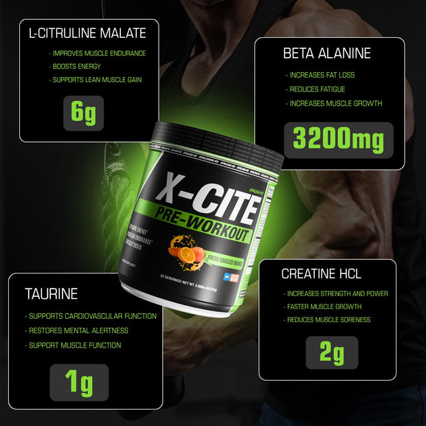 X-CITE Pre-Workout by ATHLEAN-X - Enhanced Formula with Beta-Alanine, Creatine & Caffeine for Ultimate Energy, Endurance, Focus & Muscle Pump, NSF Certified for Sports (22 Servings, Fruit Punch)