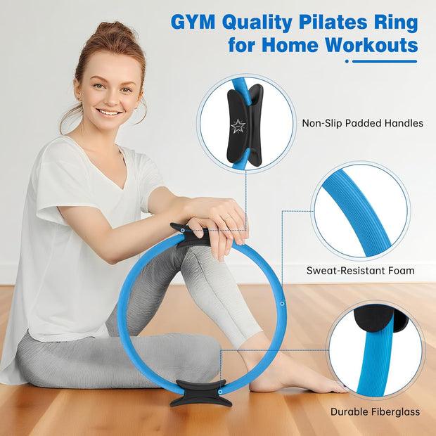 Pilates Ring Set, Pilates Essentials Kit for Home Workouts Women, Yoga Equipment Set with 14 Inch Magic Circle, 9.8” Ball, 5 Resistance Bands, 3 Long Stretch Bands, Core Sliders, Non-slip Socks