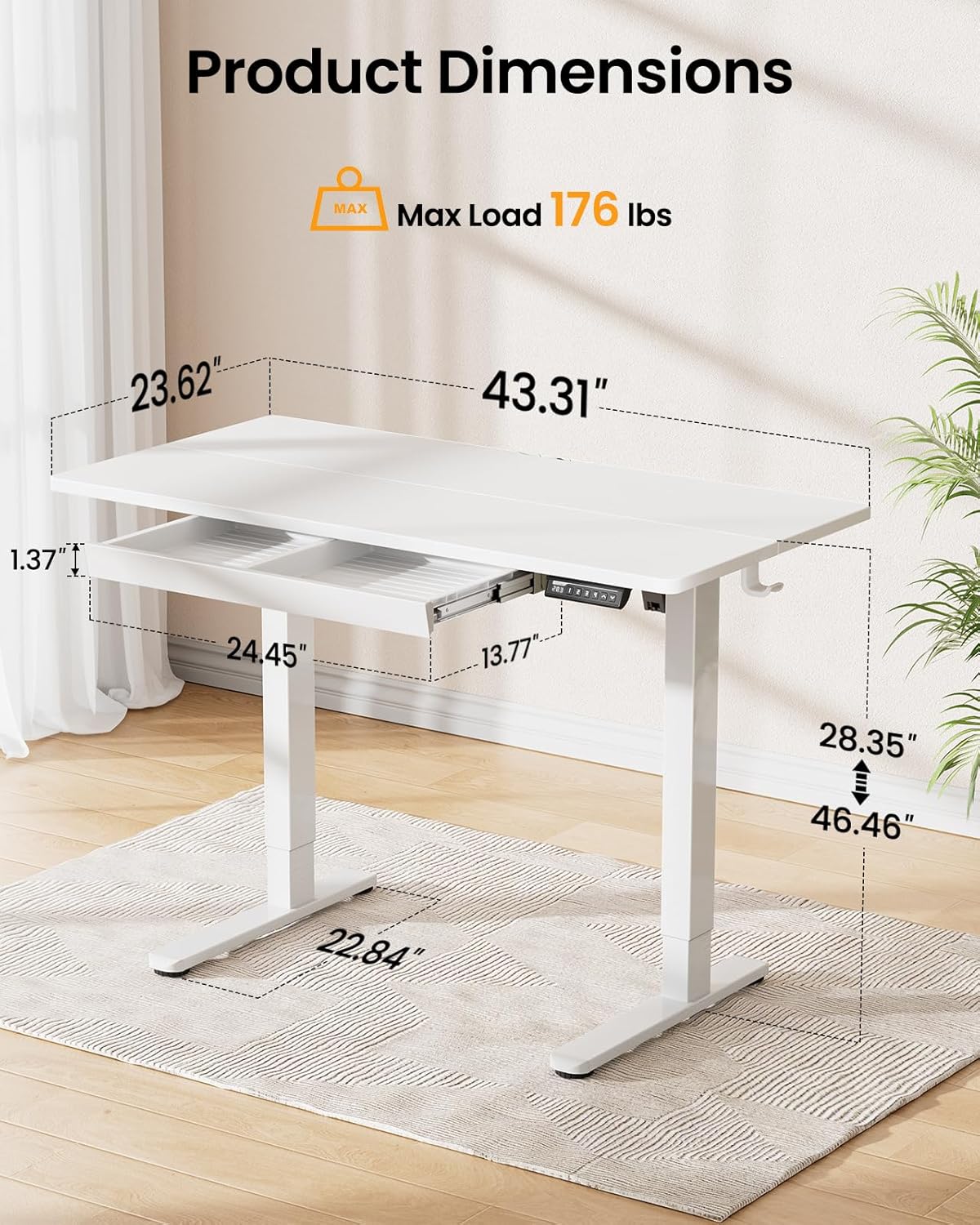ErGear 44" x 24" Electric Standing Desk with Drawers, Height Adjustable Desk with 4 Preset Heights, Ergonomic Rising Home Office Computer Table with Splice Board, White