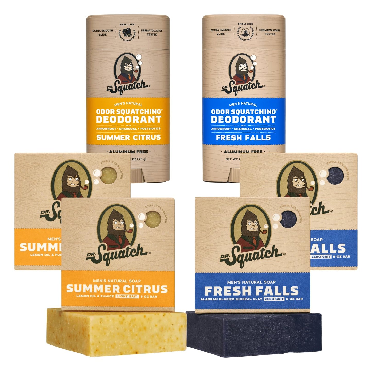 Dr. Squatch Manly Soap and Deodorant Variety Pack - Handmade with Organic Oils, Aluminum-Free - Birchwood Breeze and Fresh Falls