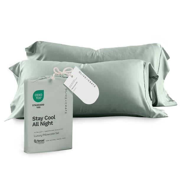 Olive + Crate Tencel Eucalyptus Pillowcases - 100% Tencel Lyocell Cooling Pillow Cases for Hot Sleepers - Hypoallergenic, Moisture-Wicking, Silk Alternative, Vegan - King Size Set of 2 [Moss]