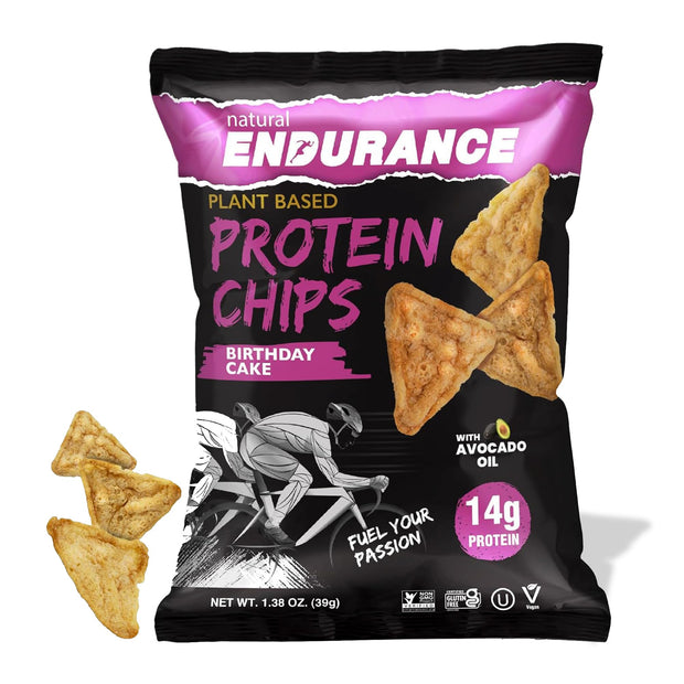 Natural Endurance Protein Chips - Low Carb Chips, High Protein Snack, Vegan Protein with Avocado Oil, 14g Protein Per Bag, Gluten Free, Nacho, BBQ, Chili, Birthday Cake, Original - Variety Pack, 1.38 oz Bags (Pack of 12)