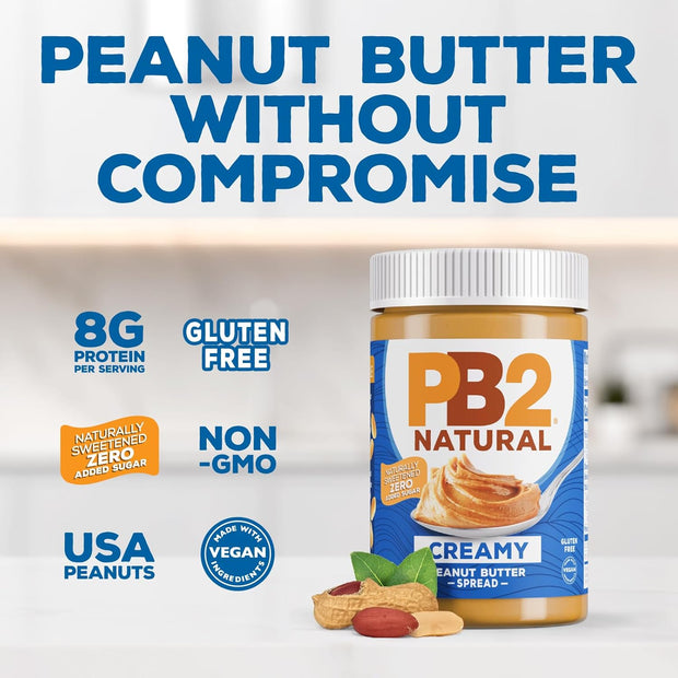 PB2 Natural Creamy Peanut Butter | All Natural Peanut Butter Spread | Healthy, Naturally Sweetened with Zero Added Sugar, Certified Gluten Free, Vegan (1-Pound Jar)