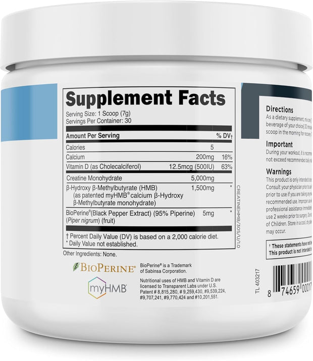 Transparent Labs Creatine HMB - Creatine Monohydrate Powder with HMB for Muscle Growth, Increased Strength, Enhanced Energy Output, and Improved Athletic Performance - 30 Servings, Unflavored