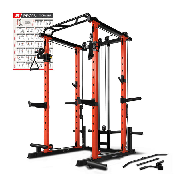 RitFit Multi-Function Squat Rack Power Cage PPC03 with Cable Crossover System, 1000LBS Capacity Power Rack and Packages with Optional Weight Bench, Barbell Weight Set, for Garage Workout & Home Gym