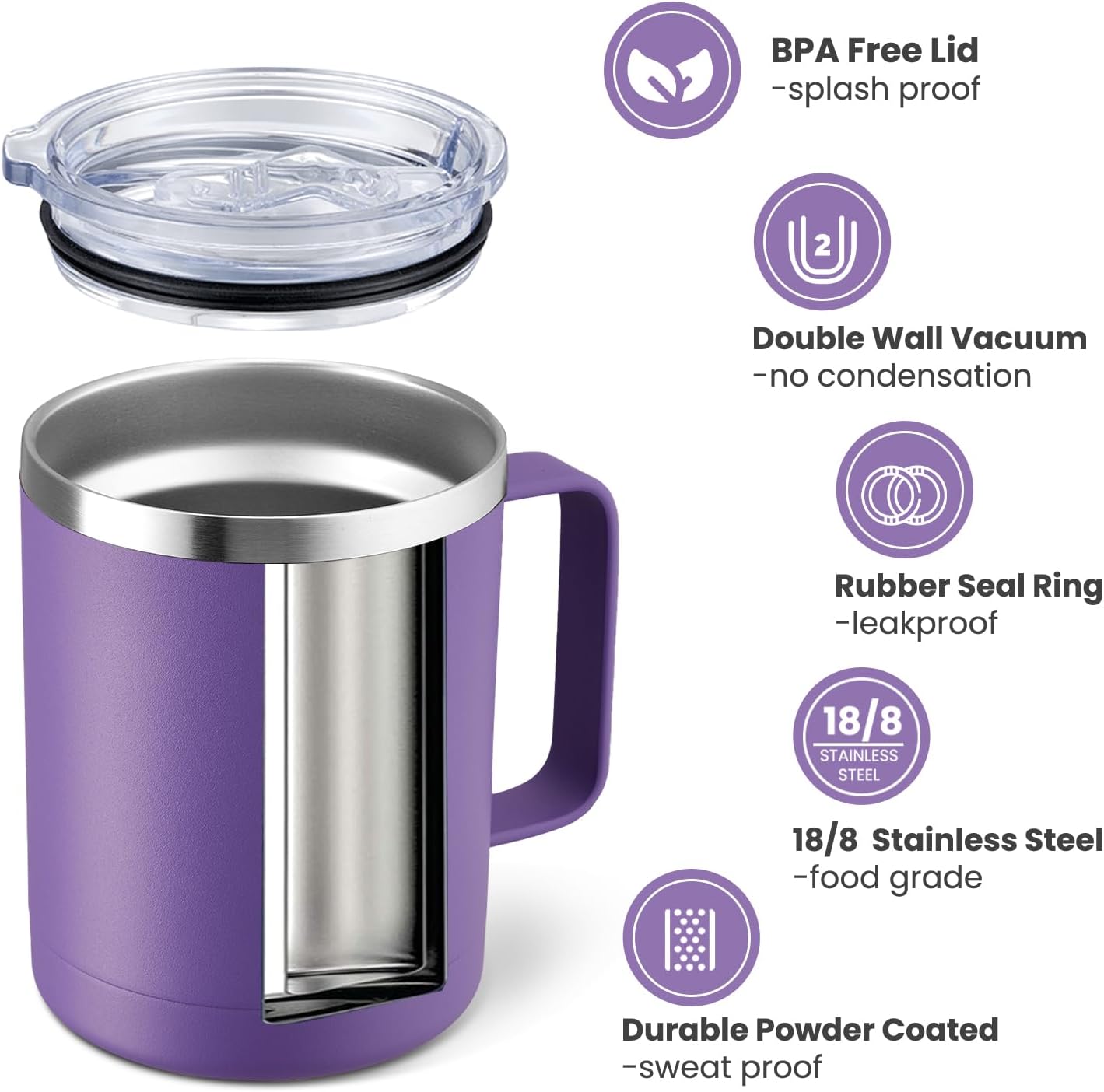 MEWAY 12oz Coffee Mug With Handle and Sliding Lid,Stainless Steel Travel Tumbler Cup with Handle,Double Wall Vacuum Insulated Camping Cup for Hot & Cold Drinks Tea (Purple,Set of 1)