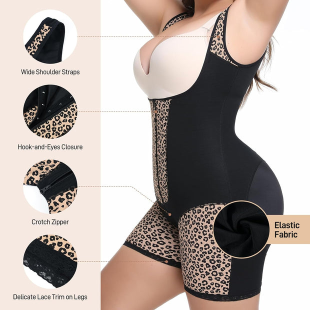 Women's Fajas Colombianas Shapewear Tummy Control Body Shaper Leopard Printed High Compression Garment SW11, Black
