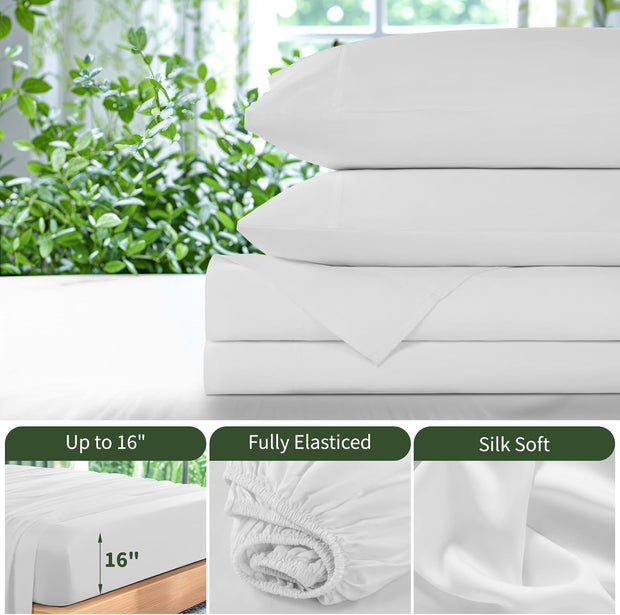 LBRO2M Cooling Bed Sheet 100% Viscose Derived from Bamboo Sheet Set King Size 4 Piece,16" Deep Pocket, 1800 TC Sheet Super Soft Silky Smooth,Breathable Comfortable (King White)