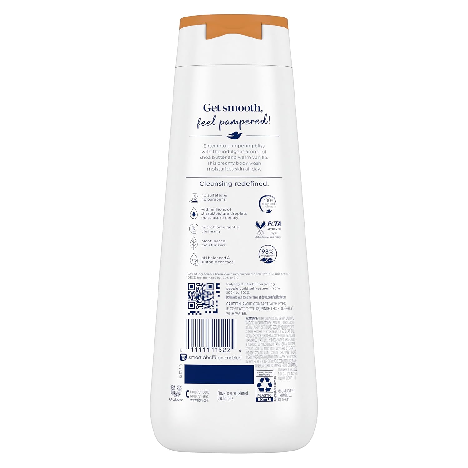 Dove Body Wash Pamper Shea Butter & Vanilla for 24hr Lotion-Soft Skin Moisturizing Skin Cleanser with No Sulfates No Parabens 20 oz