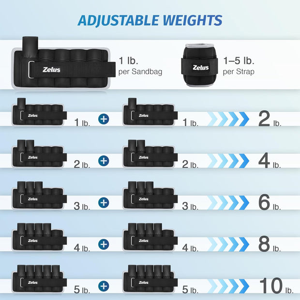 ZELUS 1 Pair Adjustable Ankle Weights, 2 4 6 8 10 lb Modularized Leg Weight Straps for Women Men, Weighted Ankle Weight Set with Removable Sandbags, 1-5 lb per Ankle Strap for Gym Yoga Jogging Walking