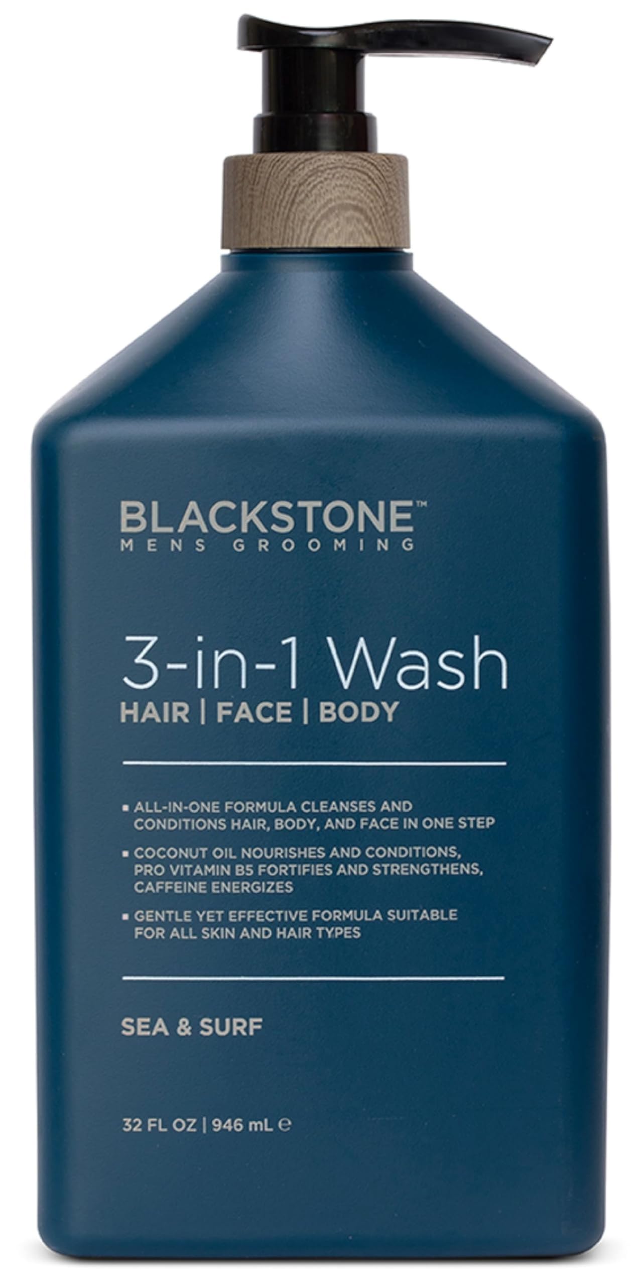 Blackstone Men's Grooming 3-in-1 Wash for Men with Coconut Oil, Vitamin B5 and Caffeine | Cleanses & Conditions Hair, Body, & Face | For All Skin & Hair Types - Activated Charcoal (32 Fl Oz)