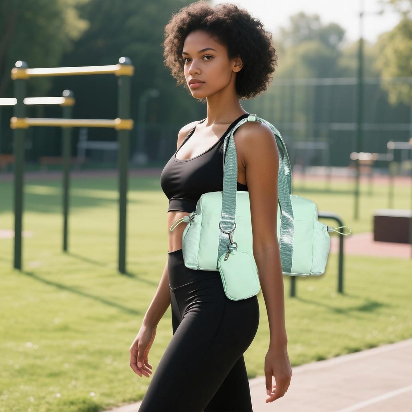 Everyday Mini Gym Bag for Women 2.0, Small Tote with Zipper Compartment Waterproof Travel Duffle Cute Handbag Workout Carry On with Removeable Shoulder Strap & Coin Wallet Easy to Clean - Green