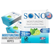 SONO Alcohol-Free Sanitizing Hand Wipes with Bergamot & Aloe Essential Oil - Hospital-Grade Disinfectant - Individually Wrapped Travel Size - 6 Packs of 20 - Gentle Cleaning & Germ Protection Anywhere