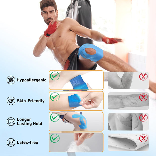 PreCut Kinesiology Tape for Knees, 12 PCS Waterproof KTQUICK Knee Tape for Knee Pain Relief Pre Cut, Original Cotton Athletic Knee Tape, Waterproof & Hypoallergenic Latex-Free for Sports (Black)