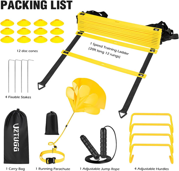 Soccer Training Equipment, Speed Agility Training Equipment for Kids Youth Adults, 20ft Agility Ladder, 4 Hurdles, Jump Rope, 12 Soccer Cones, Running Parachute, Football Training Equipment