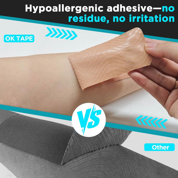 OK TAPE 4 Rolls Kinesiology Tape Precut, Cotton Elastic Athletic Tape Latex Free,20 Strips per Roll 2in x 16ft,Muscle Support,Mixcolor