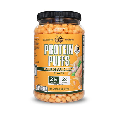 Twin Peaks Protein Puffs - (Garlic Parmesan), Keto Friendly, Low Carb Snack (300g, 21g Protein, 2g Net Carbs, High Protein, Healthy Crunchy Snack)