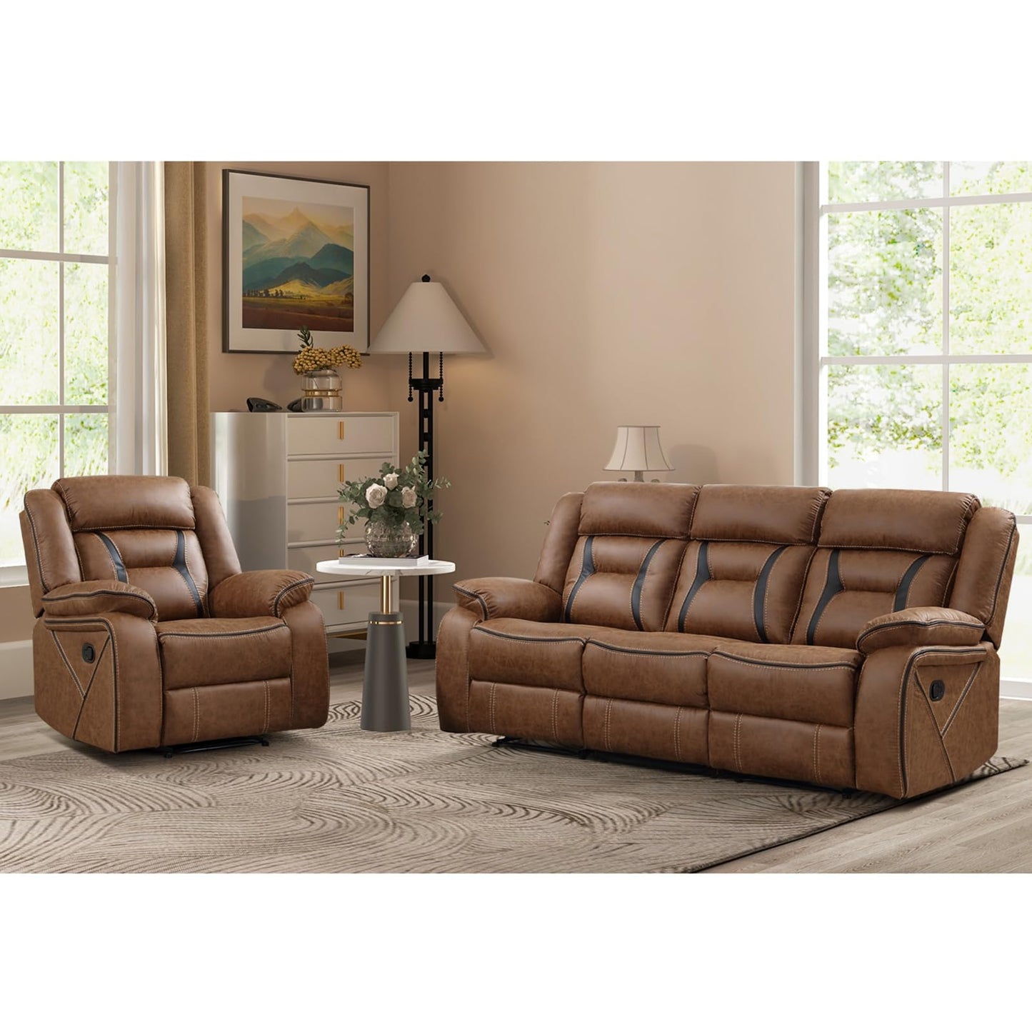 Faux Leather Recliner Sofa Furniture Set for Living Room, 2 Recliner Chairs, 3 Seat Reclining Sofa Couch Set for Meeting Room, Brown