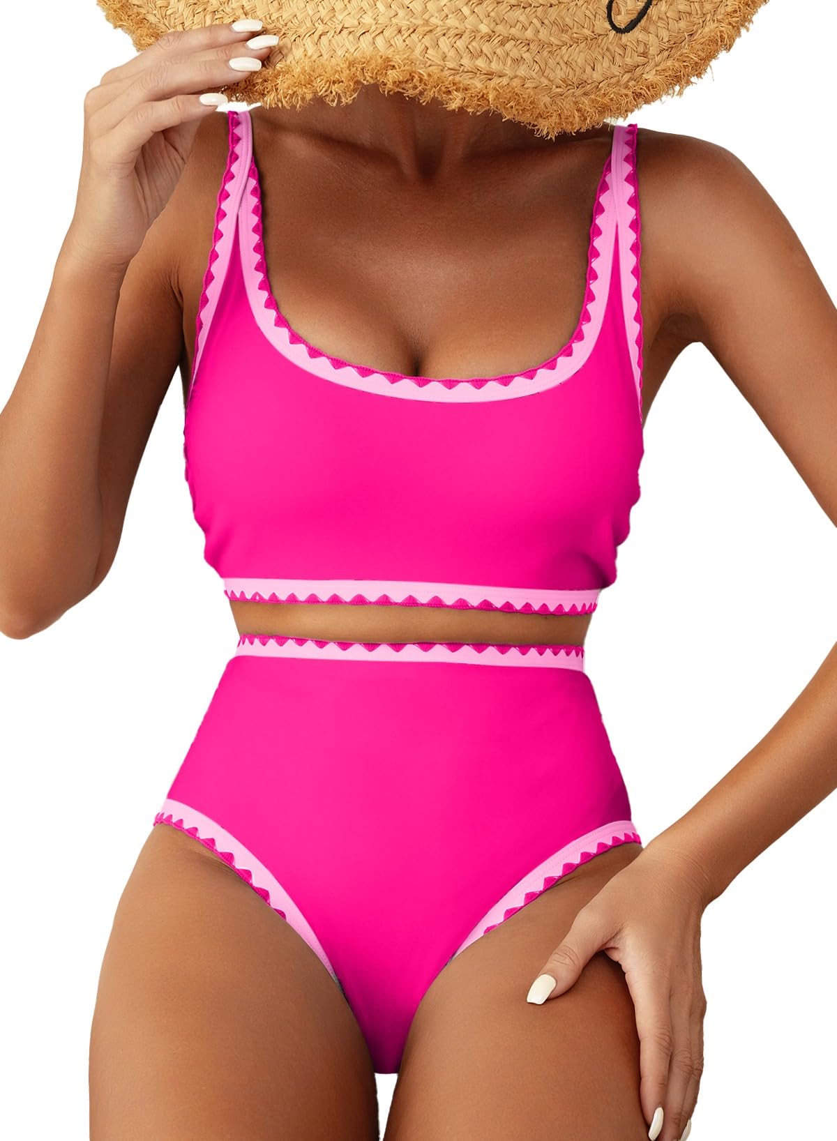 Herseas Women's Bikini Sets Floral Print Whip Stitch 2 Piece Swimsuits High Waisted Scoop Bathing Suits