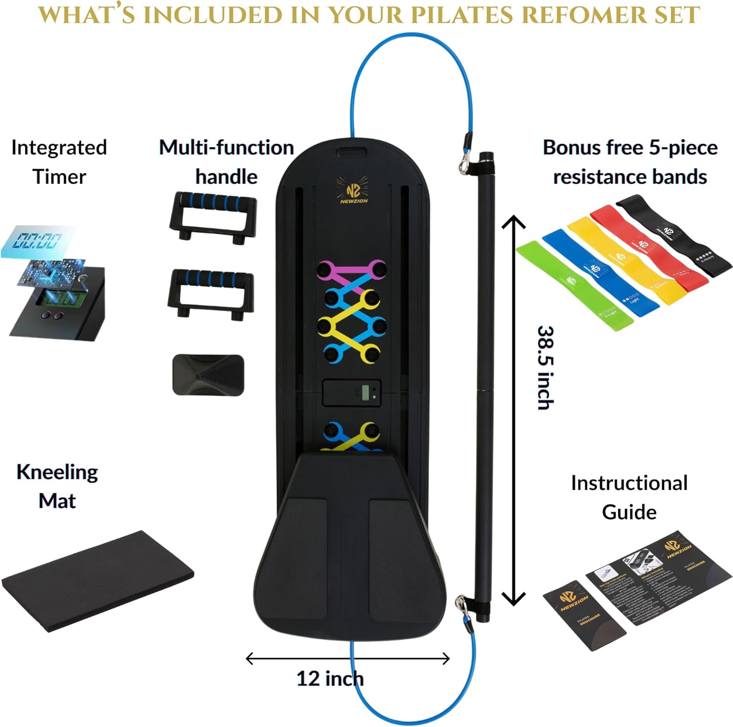 7-in-1 Pilates Reformer Board, Portable Pilates Board Foldable Pilates Reformer Equipment with Timer for Home Workouts with Resistance Bands Core Glider Push-Up Handles Balance Trainer Pilates Machine