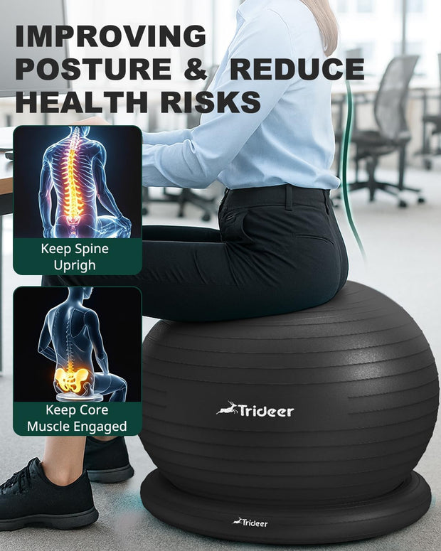 Trideer Exercise Yoga Ball Chair with Base for Home Office Desk, Stability & Fitness Ball Seat to Relieve Back Pain, Home Gym Workout for Abs, Pregnancy Ball with Pump