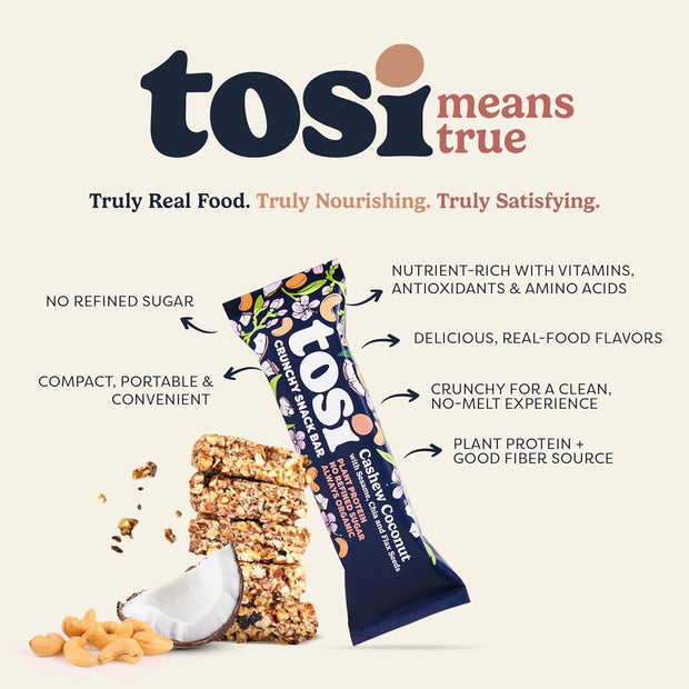 Tosi Nut Bars, Cashew Coconut, Healthy Snacks for Adults & Kids, Plant Based Crunchy Bars (6G Protein), Organic Keto Snacks, Vegan, Gluten & Soy Free, Low Sugar, Omega 3s, 1oz, 12-Pack