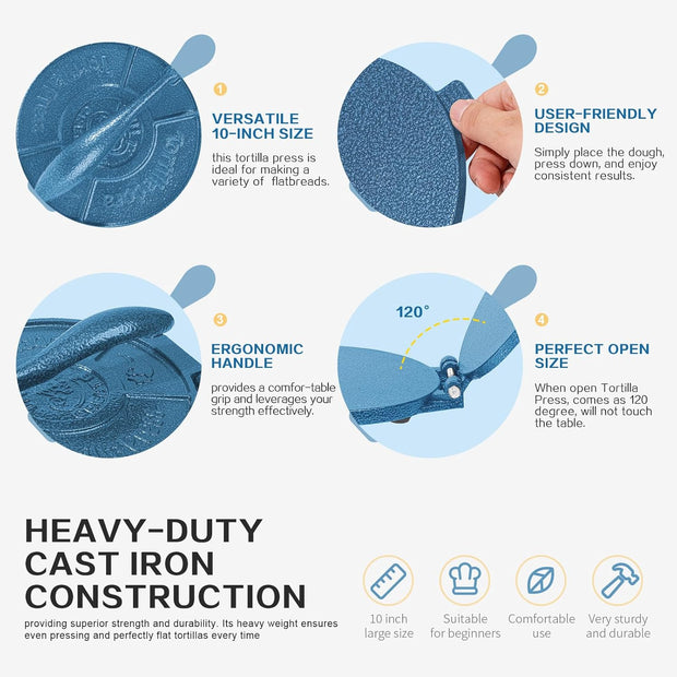 Vivicreate Cast Iron Tortilla Press Dough Flour Tortilla Rotis Quesadilla Maker Prensa para tortillas de hierro fundido 8 inch NO-SLIP