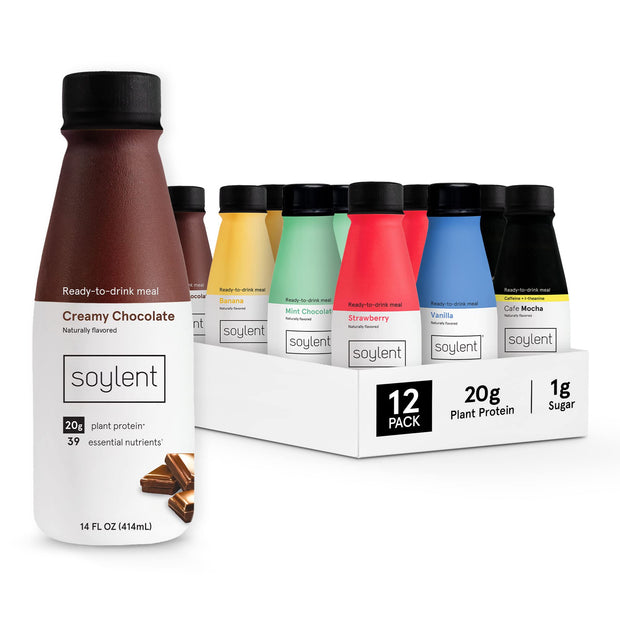 Soylent Creamy Chocolate Meal Replacement Shake, Ready-to-Drink Plant Based Protein Drink, Contains 20g Complete Vegan Protein and 1g Sugar, 14oz, 12 Pack