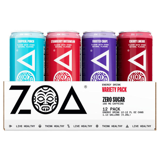 ZOA Zero Sugar Energy Drinks, Tropical Punch - Sugar Free with Electrolytes, Healthy Vitamin C, Amino Acids, Essential B-Vitamins, and Caffeine from Green Tea - 16 Fl Oz (12-Pack)