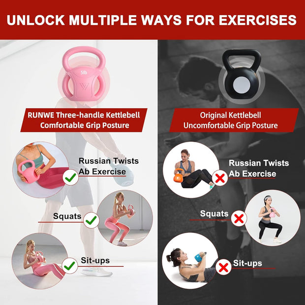 RUNWE 3 Handle Kettlebells Weight - Weight for Women Options 5, 10, 15 and 20 LB for Russian Twists AB Exercise, Weightlifting and Core Fitness Exercise Home Gym [Single in Sold]