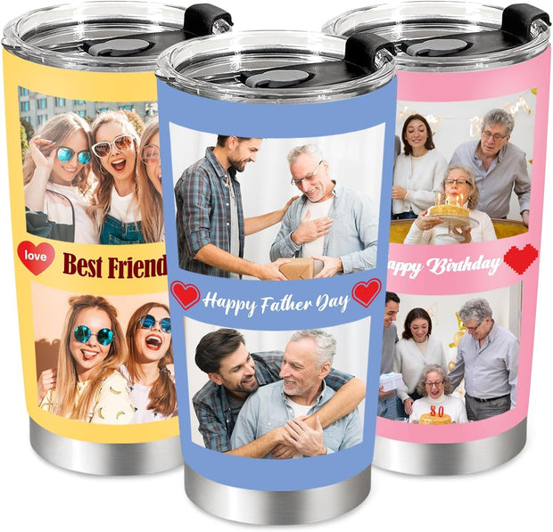 Personalized Coffee Tumbler with Picture Text Logo, Custom 20oz Insulated Stainless Steel Travel Mug with Lids, Personalized Birthday Gifts for Women Men, Custom Coffee Tumbler Cup