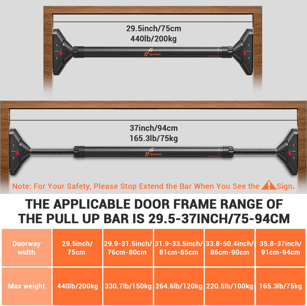 Sportneer Pull Up Bar: Strength Training Chin up Bar without Screws - Adjustable 29.5''-37'' Width Locking Mechanism Pull-up Bar for Doorway - Max Load 440lbs for Home Gym Upper Body Workout, Non-slip