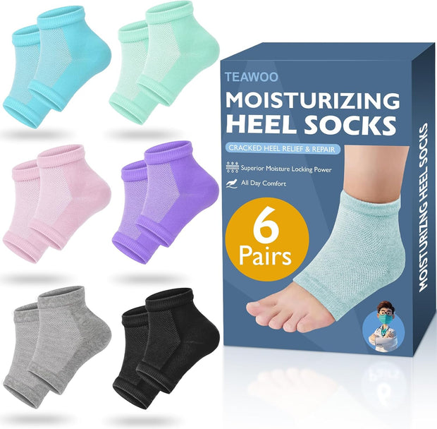 Moisturizing Heel Socks - 6 Pairs for Dry Cracked Feet, Toeless Gel Socks for Hydration and Repair