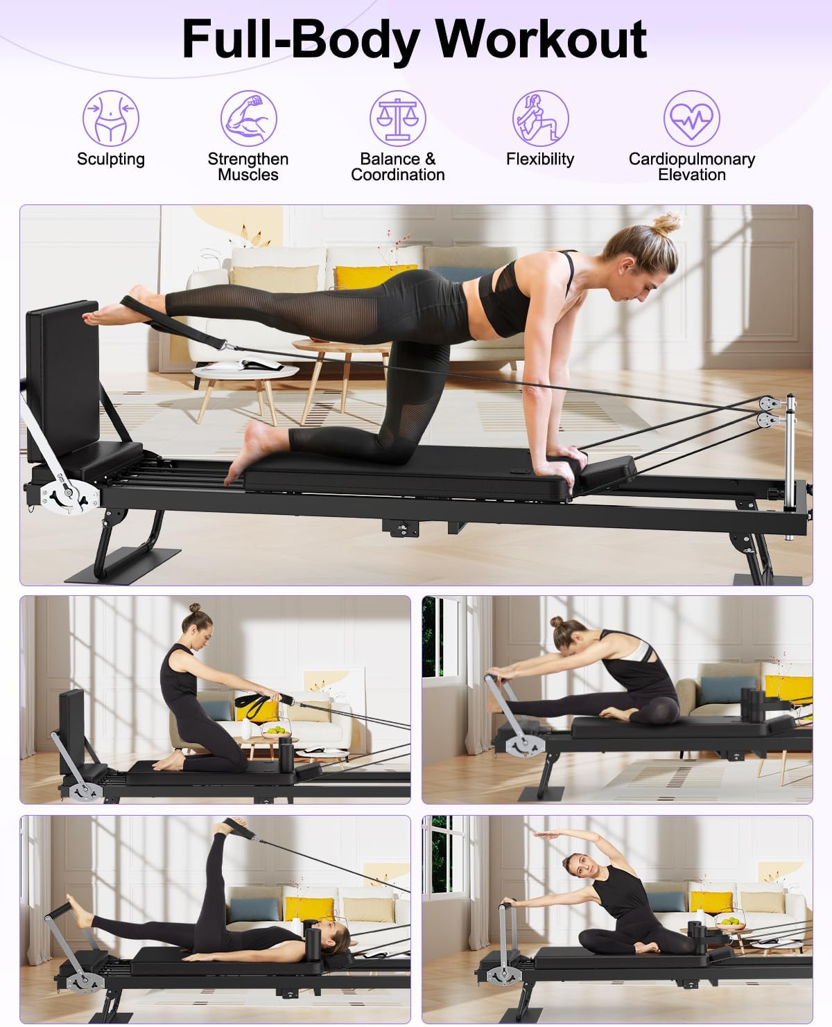 91“ Pilates Reformer Machine – Foldable Full-Body Home Pilates Equipment with Adjustable Resistance, Jumpboard, Upgraded Wheels, 400lb Support, for Rehab & Core Strength