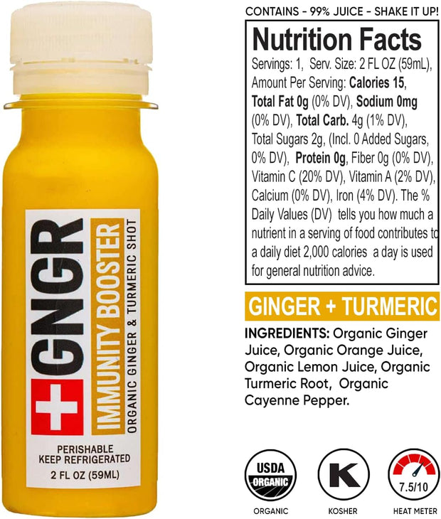 +GNGR Immunity Booster Organic Ginger and Turmeric Shot - Cold Pressed Ginger Shots with Turmeric, Cayenne Pepper, Orange, Lemon for All Natural Immune & Digestive Support (2 Oz, Pack of 12)
