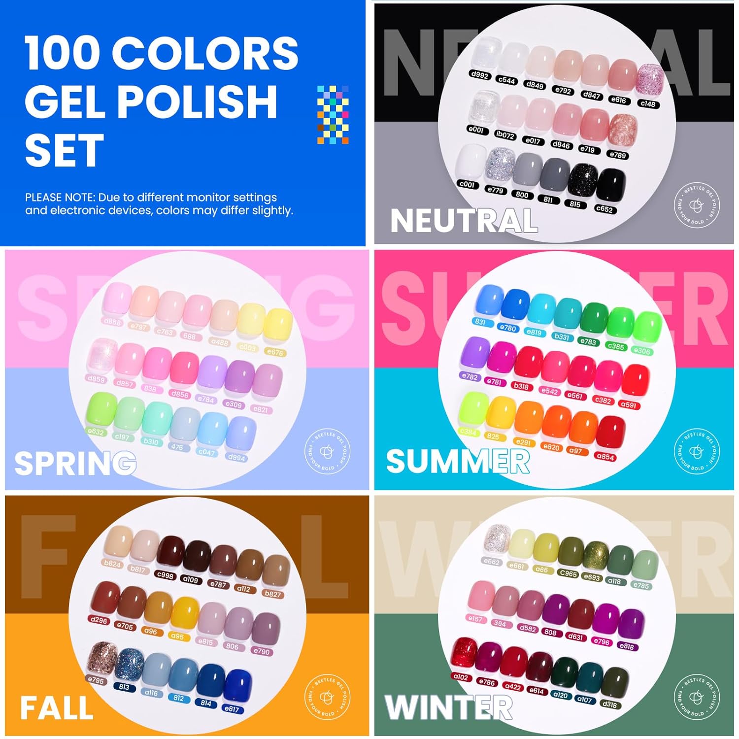Beetles 110 PCS Gel Nail Polish Set, 100 Colors Infinite Inspiration All Season Red Brown Green Black Gel Polish with 5Pcs Base Top Coat Soak off UV Gel for Manicure Lovers DIY at Home Gifts for Women