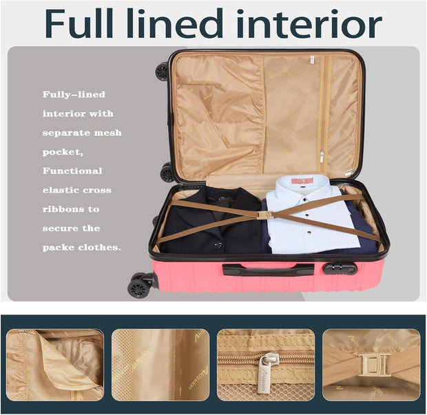 Luggage Set 3 Pieces (20/24/28) -Suitcase Set - Carry on Luggage with Wheels - Check-in Luggage - PC + ABS Durable Suitcase Rotating Silent Wheels Hardside Luggage with Spinner Wheels,3pcs (Pink)