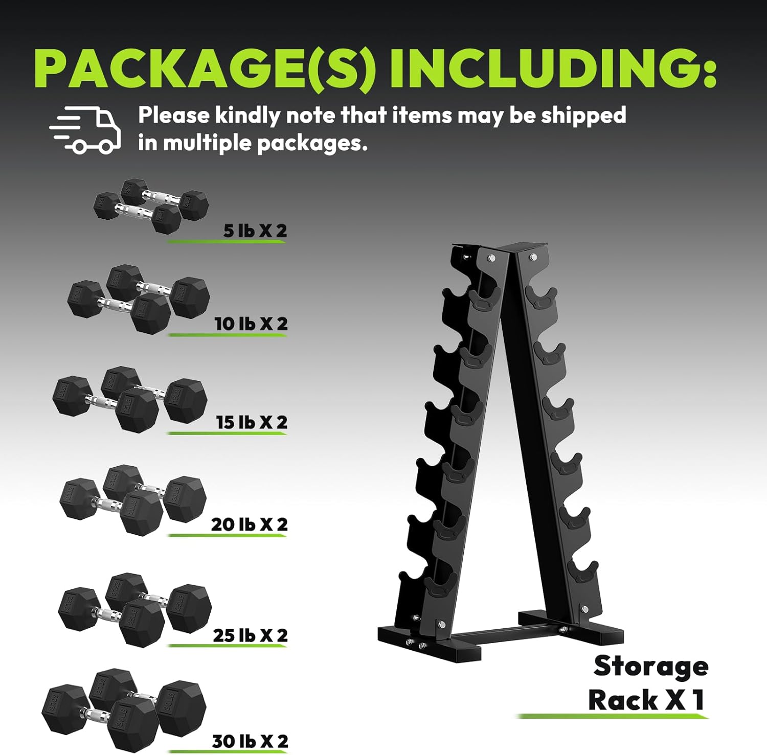 Hex Dumbbell Sets with Rack, 75-300 lb Rubber Encased Dumbbells for Strength Training, Exercise, and Fitness, Home Gym Weight Set with Rack